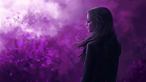Girl in profile stands before abstract purple storm