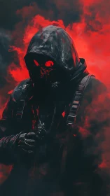 Digital painting of hooded skull-masked figure in red smoke.