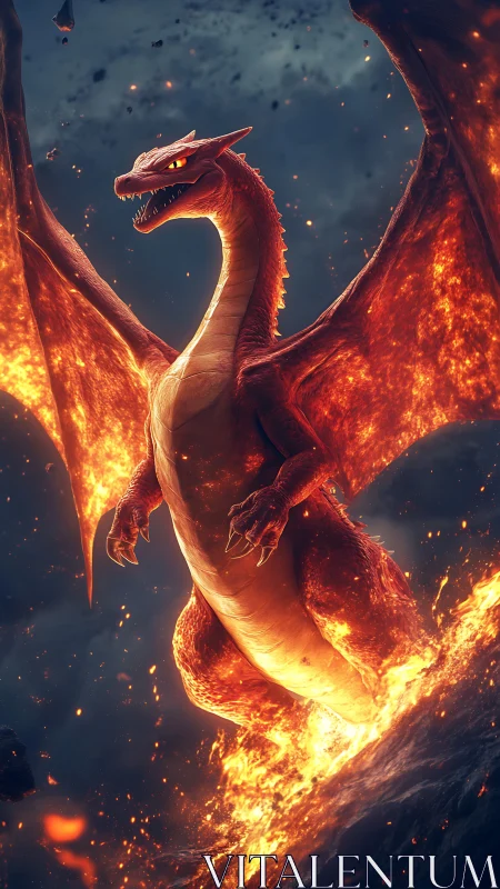 Fiery red dragon rising through molten lava storm period.