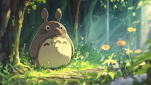 Forest spirit under volumetric light in lush spring clearing