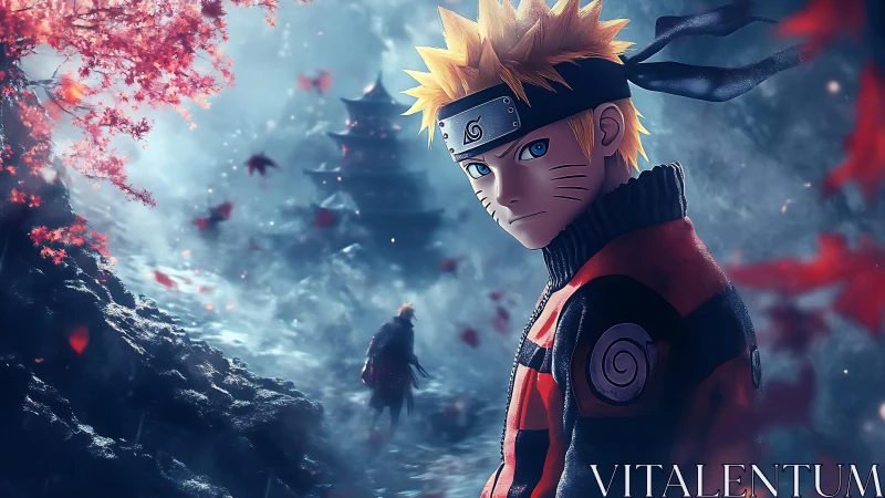 Leaf-cloaked ninja gazes back through mist and crimson drift.