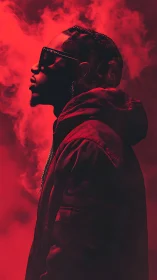 Side-lit male profile in red monochrome haze with dense smoke