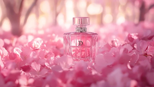 Blush-pink perfume bottle cradled in dreamy flower petals.