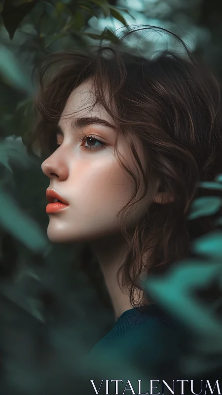 Digital profile portrait of young woman in dense foliage.