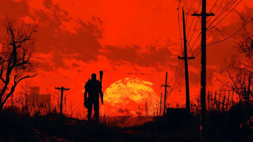 Lone wasteland wanderer silhouettes against burning sunset sky