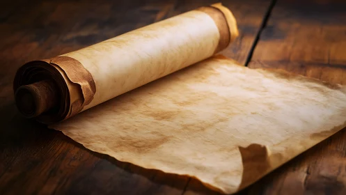 Photorealistic antique parchment scroll on rustic table surface.