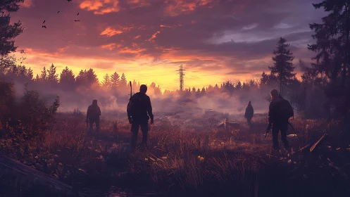 Silhouetted figures traverse misty meadow under dusk sky