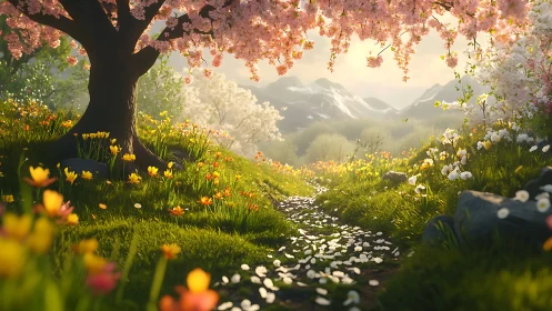 Spring meadow path under volumetric light and cherry blossoms