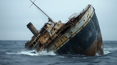 Photorealistic oblique shipwreck study in turbulent seascape.