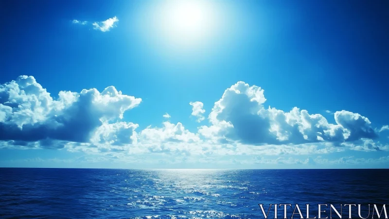 Sunlit ocean hushes the horizon beneath radiant blue calm