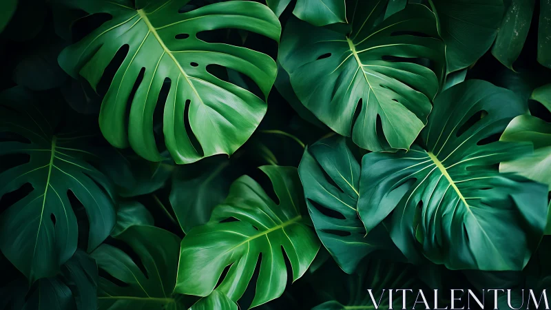Lush monstera foliage fills a deep, tropical green canopy.