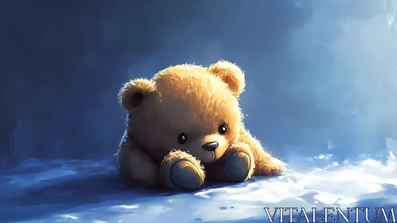 Soft teddy bear resting in cool blue spotlighted glow.