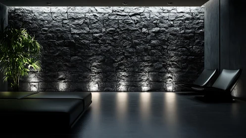 Minimalist lounge with dark stone wall and accent lighting.