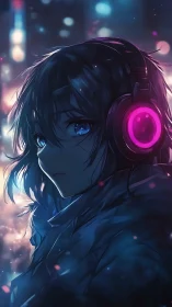 Girl with neon headphones stands in blurred city lights