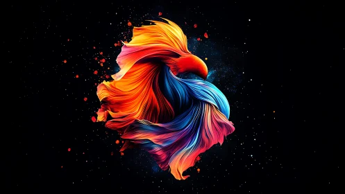 Colorful abstract bird form twists against deep black void