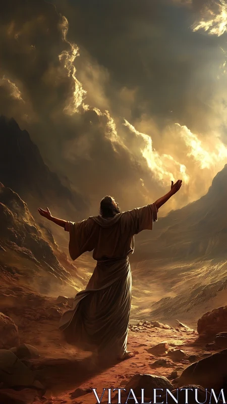 Robe-clad figure stands on rocky path under dramatic light.