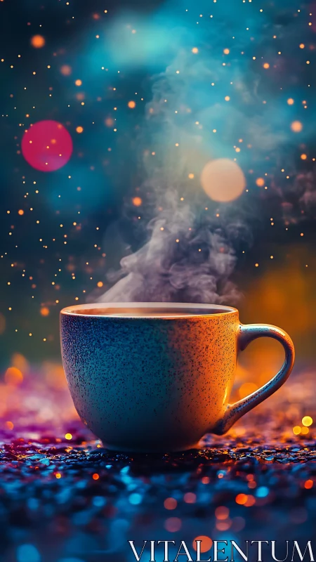 Steaming coffee cup amid glowing bokeh lights at night.
