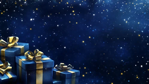 Blue gift boxes with golden ribbons glow against starry bokeh sky