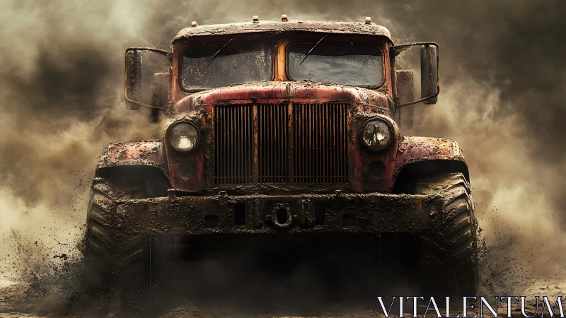 Front view of muddy vintage truck in dense dirt spray.