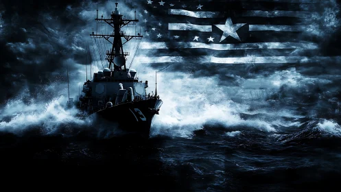 Photorealistic naval destroyer in storm with abstract flag overlay.