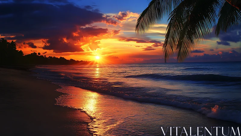 Spectral tropical sunset over wave-textured shoreline interface.