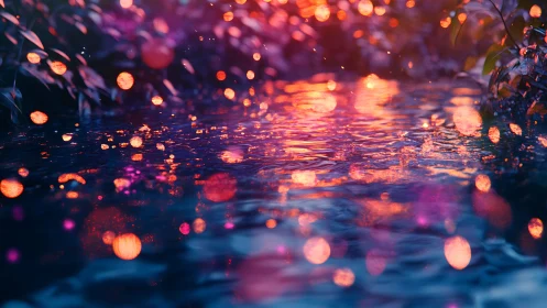 Water surface reflects vivid bokeh lights and glowing colors