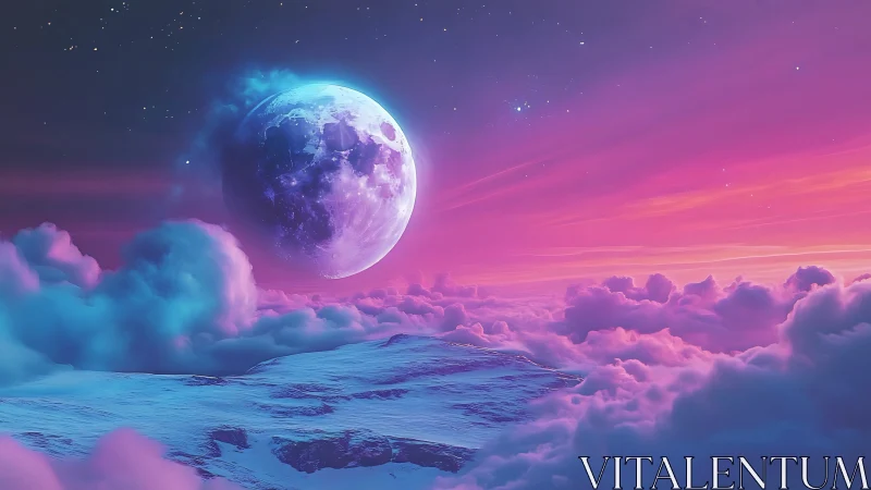 Luminous cosmic moon above pastel clouds and glacier plateau.