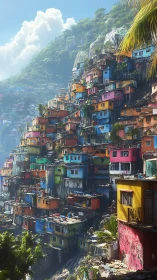 Color-saturated hillside favela stacks into atmospheric vertical depth