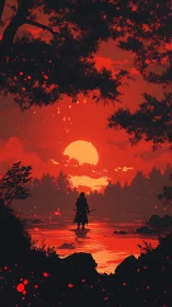 Lone samurai silhouette at blood red river sunset scene.