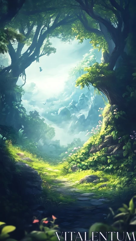 Enchanted Forest Cavern with Golden Light Streaming Through.