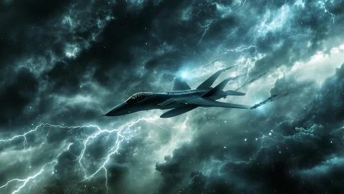 Futuristic fighter jet cutting through stormy lightning sky.