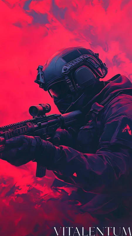 Tactical operator aims rifle in neon red atmospheric haze gradient