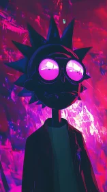 Stylized spiky-haired cartoon figure under neon magenta light