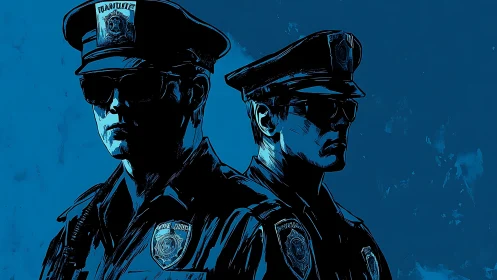 Dual police officers in blue monochrome graphic illustration.
