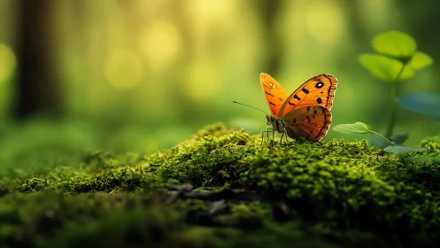 Quiet forest moment with a bright orange butterfly resting.