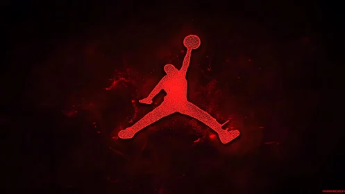 Red silhouetted basketball dunk figure on dark backdrop.