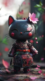 Kokeshi-style lucky cat figurine in ornate sakura kimono.
