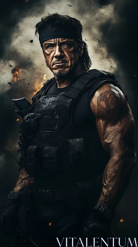 Battle-hardened soldier stands amid smoke and embers