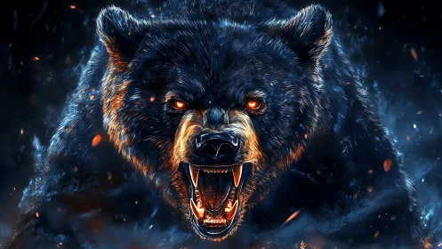 Ferocious bear lunges through embers under blue firelight.