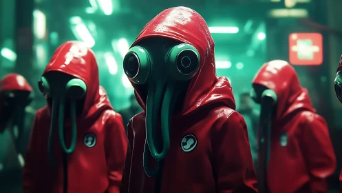 Crimson cephalopod sentinels patrol a neon drenched corridor