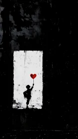 Silhouetted child releases heart-shaped balloon through weathered window aperture
