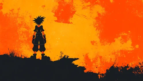 Silhouetted figure stands against textured orange sky