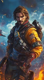 Heavily armored tactical soldier amid explosive battlefield fires