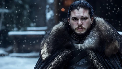 Snow-dusted warrior studies the storm written on his face