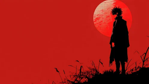 Lone dusk wanderer outlined against a roaring crimson moon.