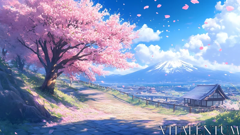 Sakura hillside path overlooking snow-capped mountain vista.