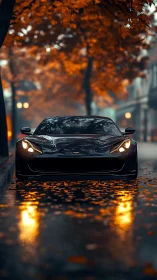 Photorealistic supercar on wet autumn boulevard at dusk.