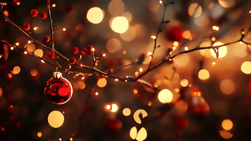 Warm red bauble glows softly among golden holiday lights