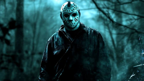 Masked figure in weathered hockey mask stands in foggy cyan forest