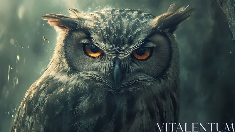 Majestic owl close-up in moody forest, hyper-realistic digital art.